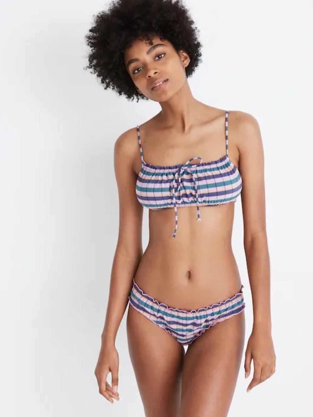 Madewell Second Wave Ruffled Drawstring Bikini Top in Plaid